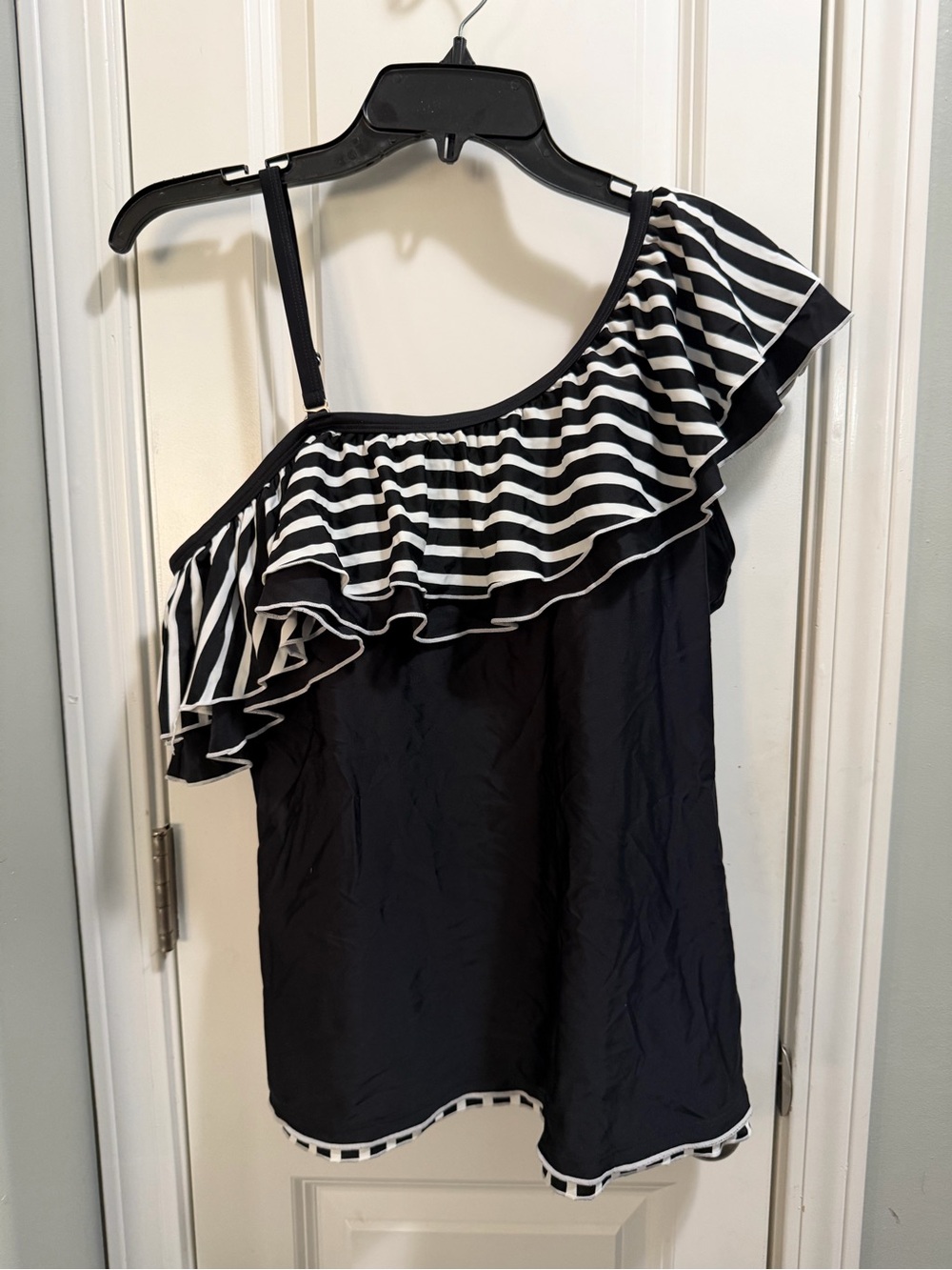 Black One-Shoulder Ruffle Tankini with Striped Trim